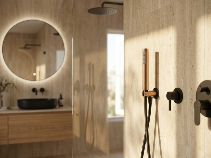 Round Hand Shower Single Function - Lustre Bronze in a room