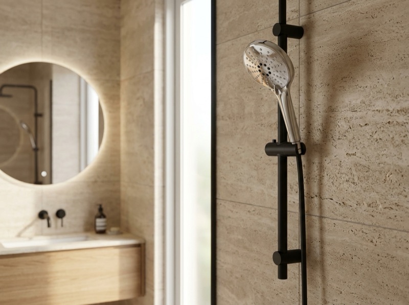 Round Hand Shower Three-Function - Polished Chrome in a room