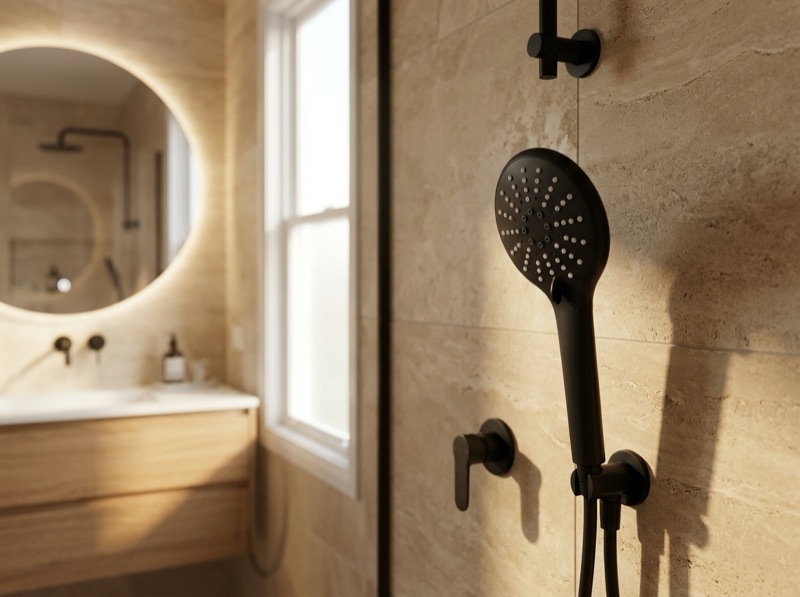 Round Hand Shower Three-Function - Matte Black in a room
