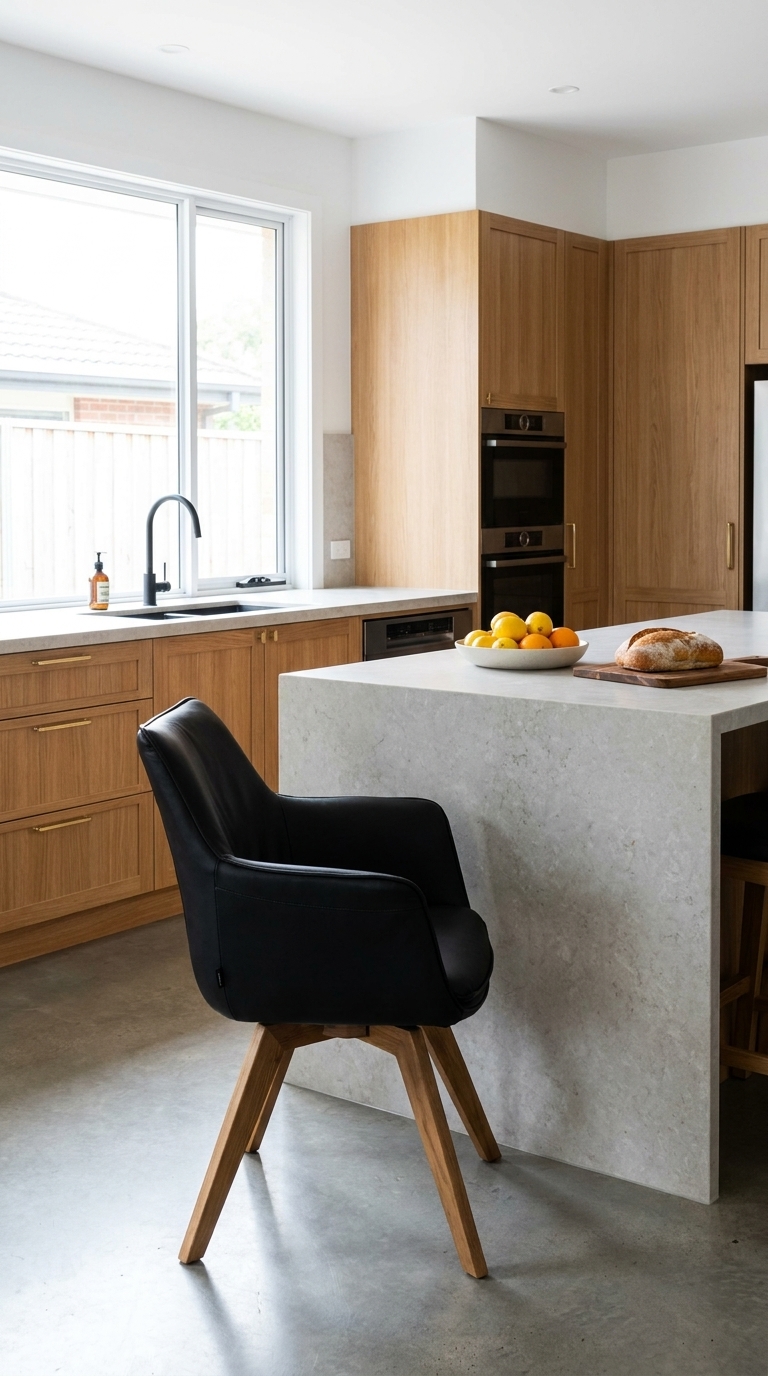 Leather + timber swivel dining chair, placed in a styled lifestyle scene