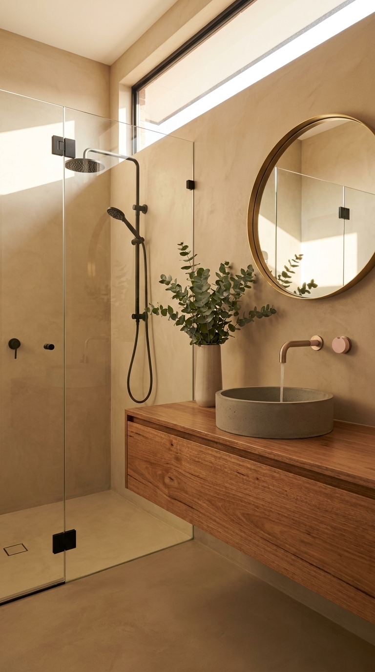 Meir x Nood Co. wall mixer set, Champagne x Lilly Pilly, placed in a styled lifestyle scene