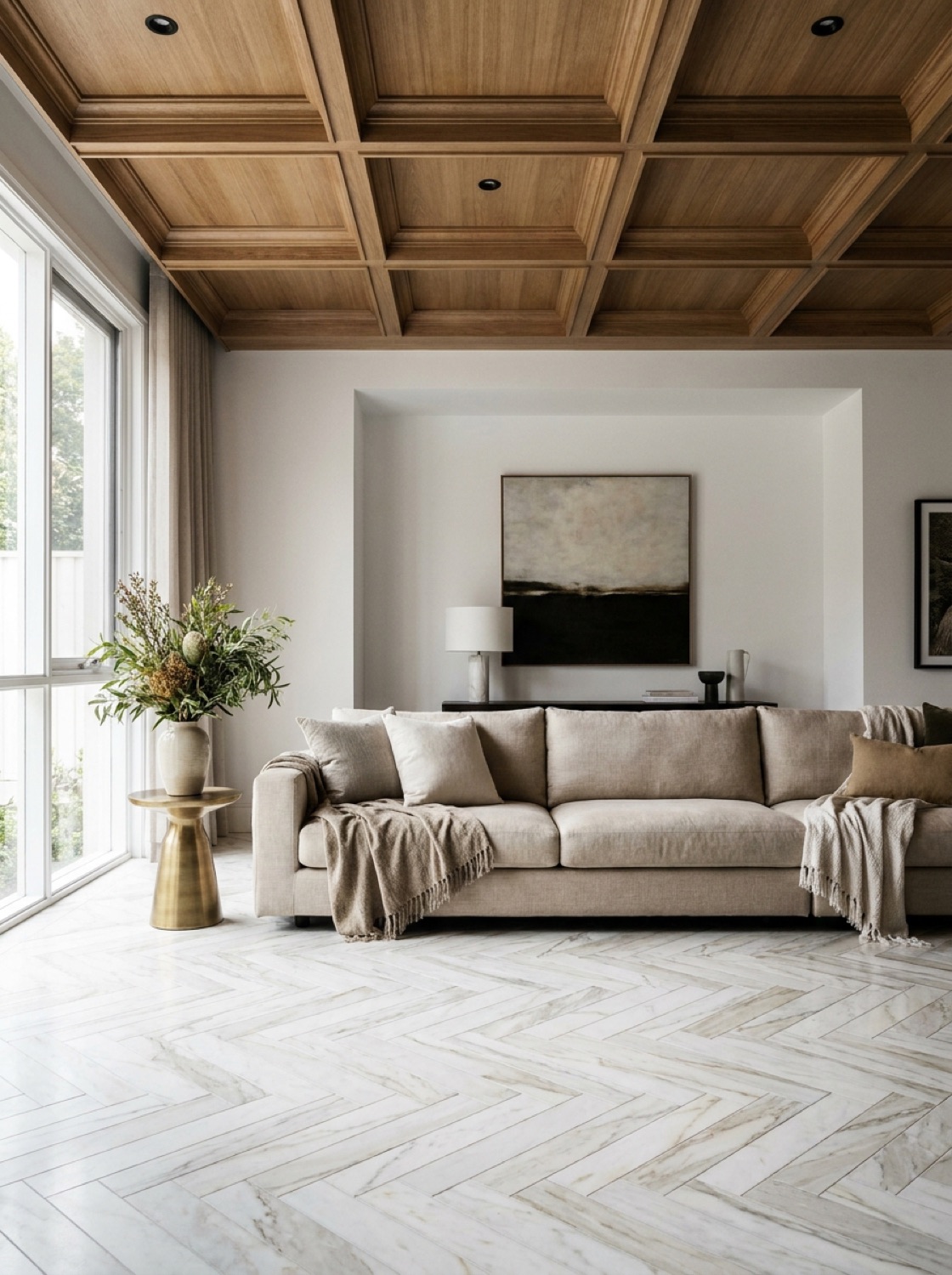 A modern classic living room with a coffered timber ceiling and herringbone marble floor